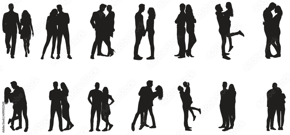 Romantic couple in various poses silhouettes collection set. Couple ...