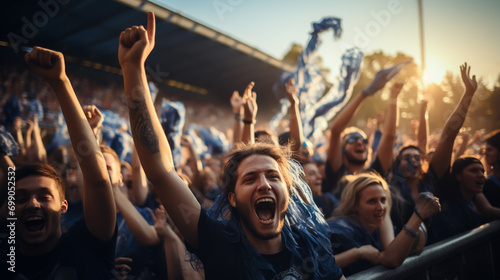 group of fans dressed in blue color watching a sports event in the stands of a stadium © alexkich