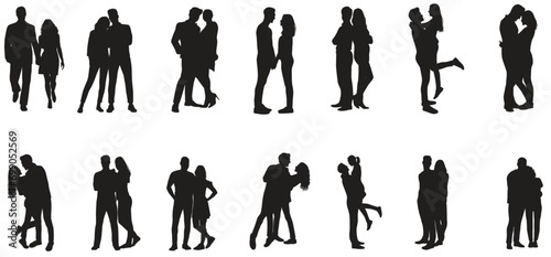 Romantic couple in various poses silhouettes collection set. Couple falling in love different poses isolated on white background silhouette set.