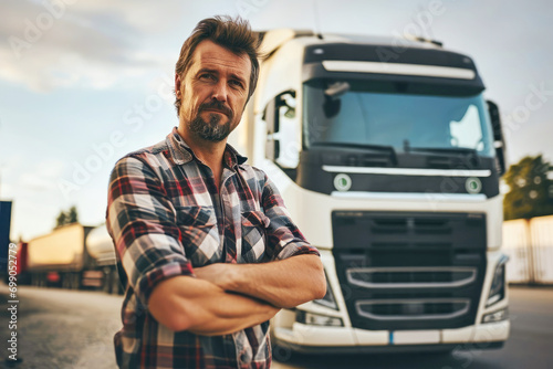 Professional male truck driver with a truck in the background photo