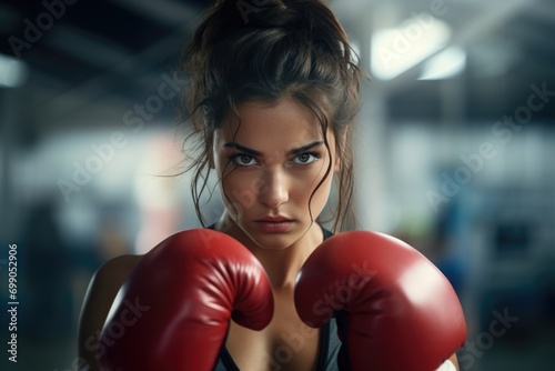 woman boxer athlete boxing pose in the gym © YamunaART