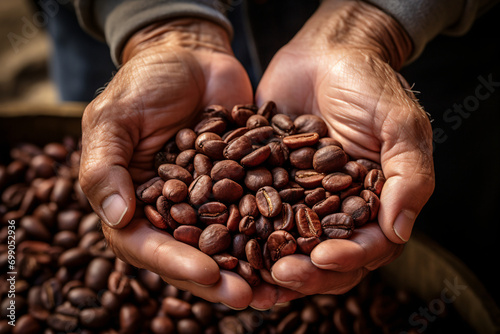 Hands holding roasted coffee beans close-up, fair trade concept