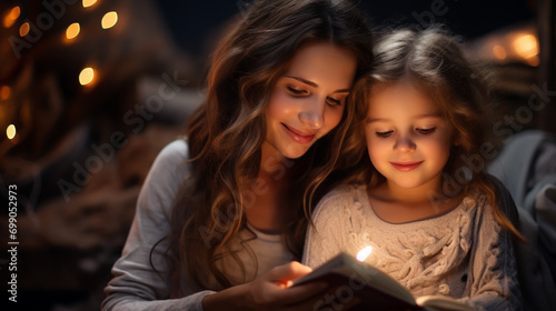 mother and child girl reading a book in bed before going to sleep photo