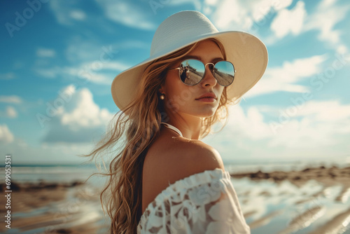 A young, beautiful woman in a beautiful outfit with glasses on the sandy seashore, sun, heat
