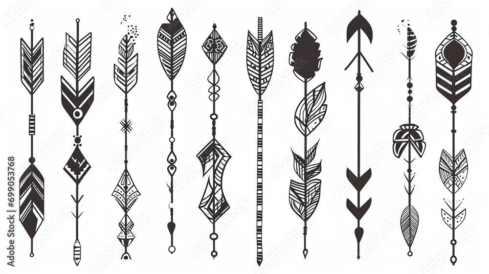 set of hand drawn feather boho arrows sketch. Aztec hipster illustration. set of hand drawn feather boho arrows sketch. Aztec hipster illustration.