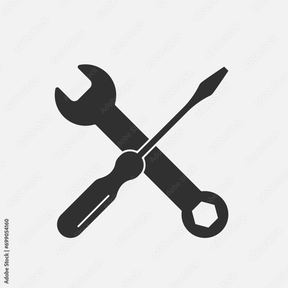 Wrench key and screwdriver tools crossed. Black icon emblem. Vector illustration Wrench key and screwdriver tools crossed. Black icon emblem. Vector illustration