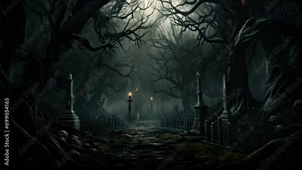 A dark eerie forest lurks in the background of an abandoned graveyard its gnarled trees twisted by the wind.