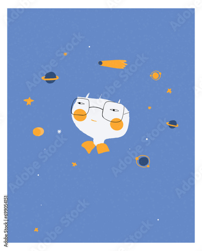 Print Cartoon of Autismchild with happy gentle face with galaxy,moon,star and orbit surrounding. happy Autism patient.