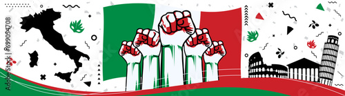 Italy national day, independence day or anniversary banner with Italy flag and map in modern, abstract design in red, green, black and white colors