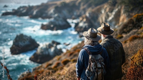 Senior couple admiring the scenic Pacific coast while hiking, filled with wonder at the beauty of nature