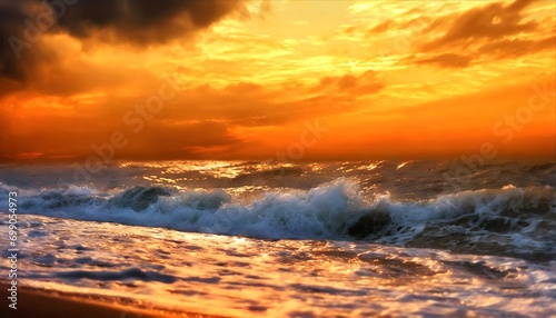 a beautiful sunset over the ocean with waves