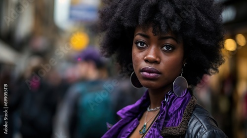 black young attractive woman model wearing a purple outfit with large black Afro hair out on london street, coiffure, coiffure femme 