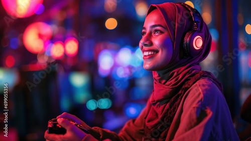Muslim young woman playing video games in cybersports club and smiling happily, copy space