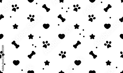 Dog seamless pattern. Bone paw footprint star heart. Cute background. Pets adoption. Veterinary care and facilities. Homeless pet rescue.