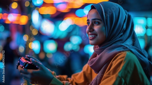 Muslim young woman playing video games in cybersports club and smiling happily, copy space