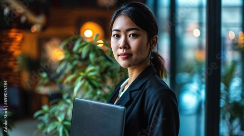 Close-up of a asian business woman holding a laptop looking at the camera, image of secretary, job hunting