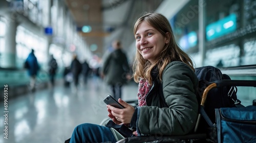 woman with a disability smiling holding a phone, in an airport for travel photo