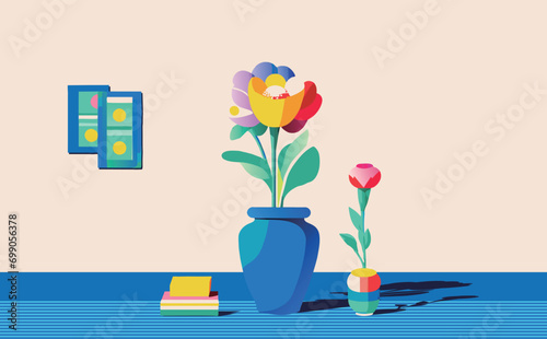 レイアウトされた花のセット。描画、カラフルな花。インテリアペインティング。フラットデザイン。手描きのイラスト。それぞれの花が咲いている。