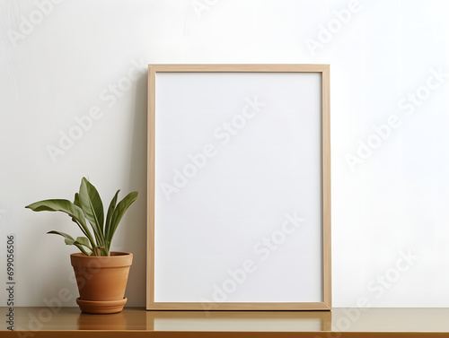 Empty mockup poster frame on wooden shelf