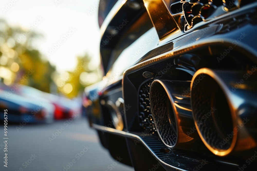Close-up of a tuned sports car exhaust system. - obrazy, fototapety, plakaty 