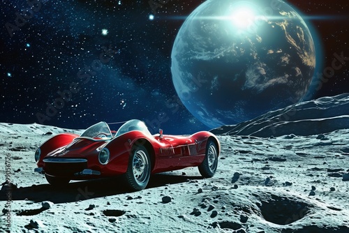 Driving a sportscar on the moon with planet earth in the sky.