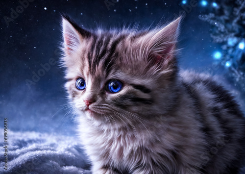 Little kitten on a blue artistic background. Generative AI