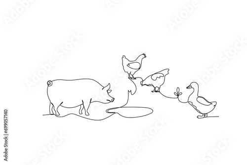 One single line drawing of Pigs,chickens and geese on the farm. Mascot emblem concept for animal husbandry image. Modern continuous line graphic draw design vector illustration
