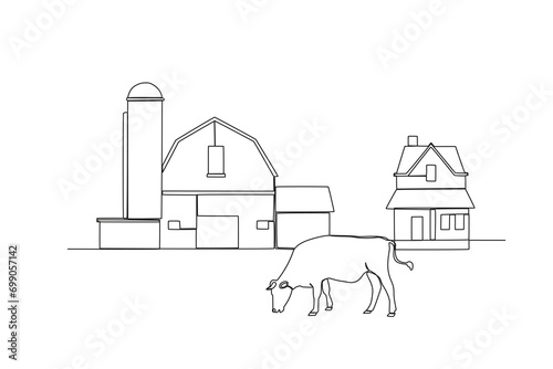 One single line drawing of Cattle and barn farm. mascot emblem concept for animal husbandry image. Modern continuous line graphic draw design vector illustration
