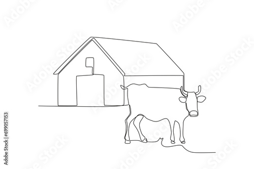 One single line drawing of Cattle and barn farm. mascot emblem concept for animal husbandry image. Modern continuous line graphic draw design vector illustration
