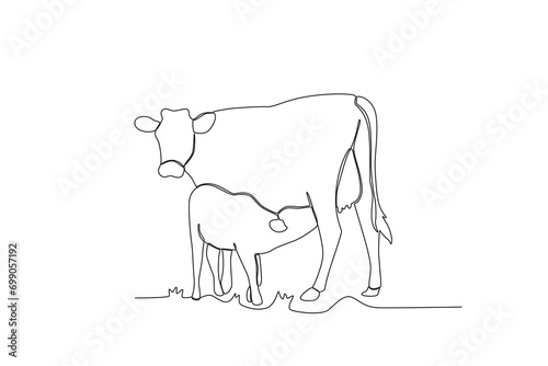 One single line drawing of Cows nursing their calves. Mascot emblem concept for animal husbandry image. Modern continuous line graphic draw design vector illustration