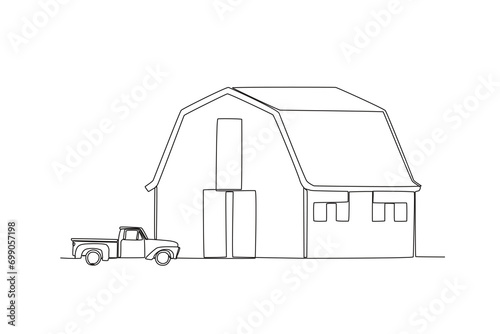 One single line drawing of Farm shed. Mascot emblem concept for animal husbandry image. Modern continuous line graphic draw design vector illustration