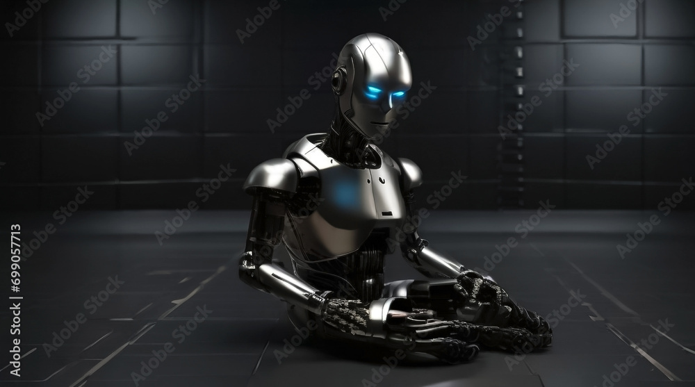 Robot cyborg sitting on the floor, sad blue light eyes, in an empty dark room Robot cyborg sitting on the floor, sad blue light eyes, in an empty dark room