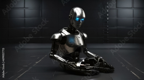 Robot cyborg sitting on the floor, sad blue light eyes, in an empty dark room