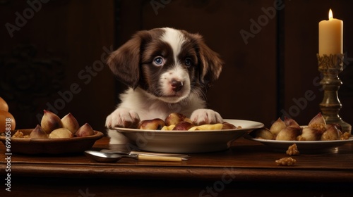 cute puppy dog sitting at the dinner table with lots of dishes © Svetlana