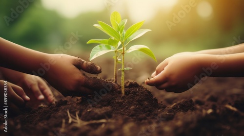 Children hold young tree ready to grow in fertile soil, prepare for plant and reduce global warming, Save world environment , save life, Plant a tree world environment day, sustainable , volunteer