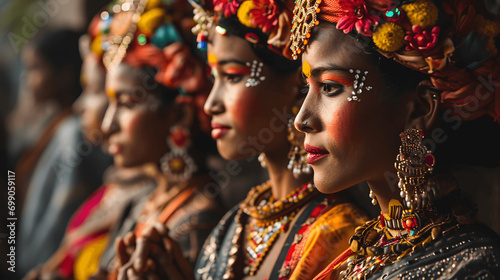 In a stunning display of cultural richness, women adorned in traditional attire with intricate jewelry and vibrant floral headpieces stand in a row, their faces painted with symbols of heritage