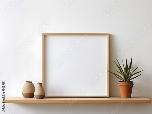 Empty mockup poster frame on wooden shelf