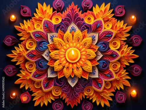 Diwali Rangoli with lit diyas and marigold flowers, Bright color