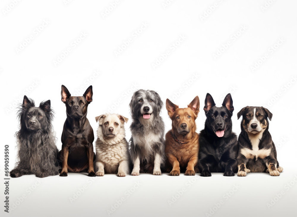 A row of dogs of different breeds and sizes on a white background. Banner concept for veterinary clinic or pet store.