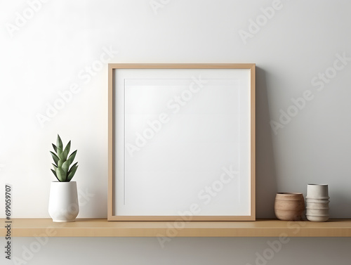 Empty mockup poster frame on wooden shelf