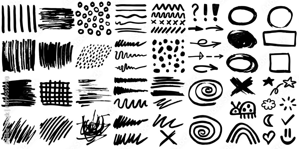Grunge crayon or marker doodle scribbles. Bold charcoal freehand stripes, crazy hatches and paint shapes: ovals, rectangles, stars and crosses. Each vector element is united and isolated. - obrazy, fototapety, plakaty 
