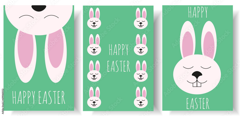 Set Happy Easter postcard with Groovy cute Bunny. Style Easter card design. Vector illustration for web and social media banner, poster and art.