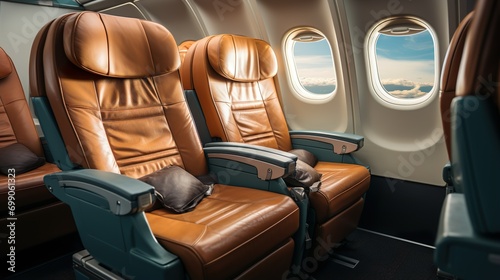 first class business airplane luxury seats for vacations travel banner © pickypix