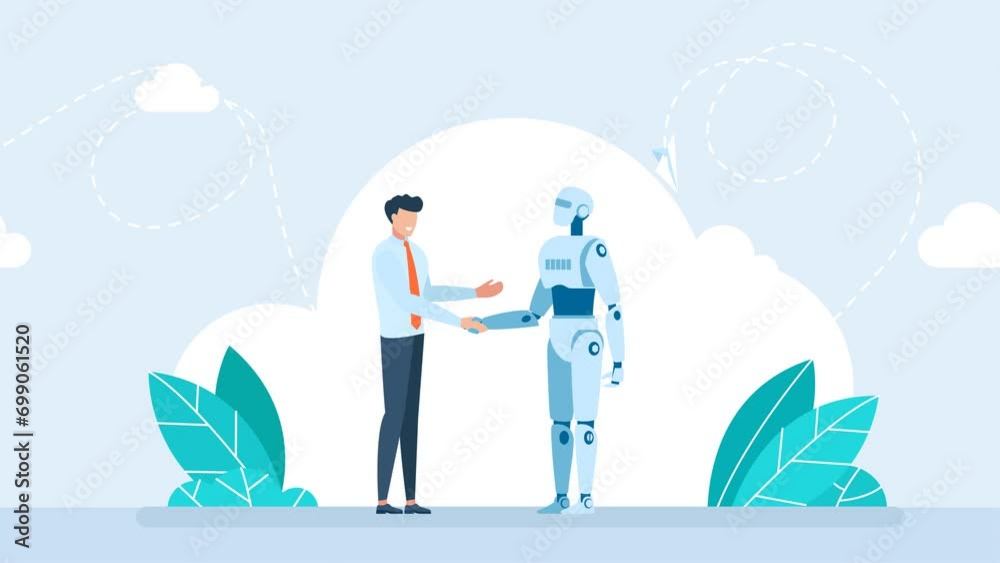 Ai robot and businessman handshake together. Partnership with AI. Artificial Intelligence Robot and Business Man Character Shaking Hands. Cooperation with Artificial Intelligence. 2d flat animation
Ai robot and businessman handshake together. Partnership with AI. Artificial Intelligence Robot and Business Man Character Shaking Hands. Cooperation with Artificial Intelligence. 2d flat animation