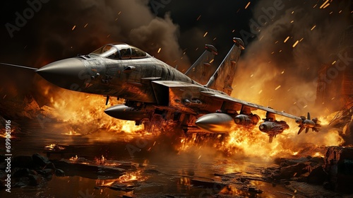 jet on war zone fire background