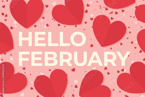 hello february text red hearts; Valentine' Day concept- vector illustration photo