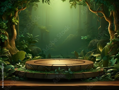 Natural podium product display with leaves tropical forest background