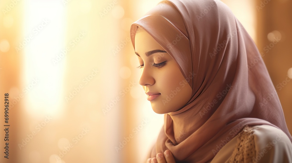 a beautiful Muslim woman wearing a hijab, seen from the side praying to God, with a blurry background and sunlight in front of her, Ramadan greeting card, copy space - generative ai a beautiful Muslim woman wearing a hijab, seen from the side praying to God, with a blurry background and sunlight in front of her, Ramadan greeting card, copy space - generative ai