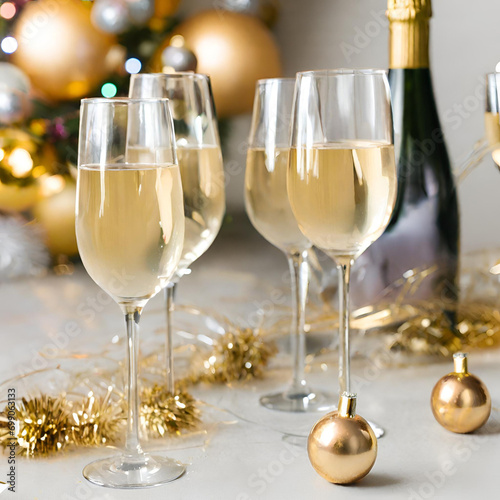 champagne glasses and christmas decorations - AI Generated