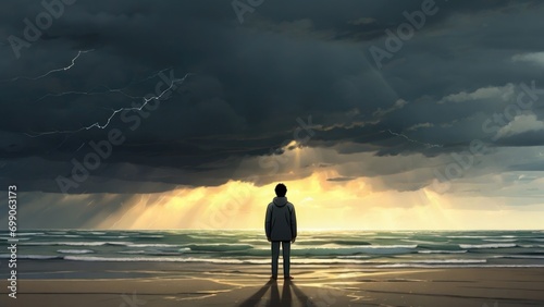 A person standing on a beach, with storm clouds and sunshine alternating overhead, symbolizing the unpredictable and fluctuating nature of bipolar Psychology art concept photo